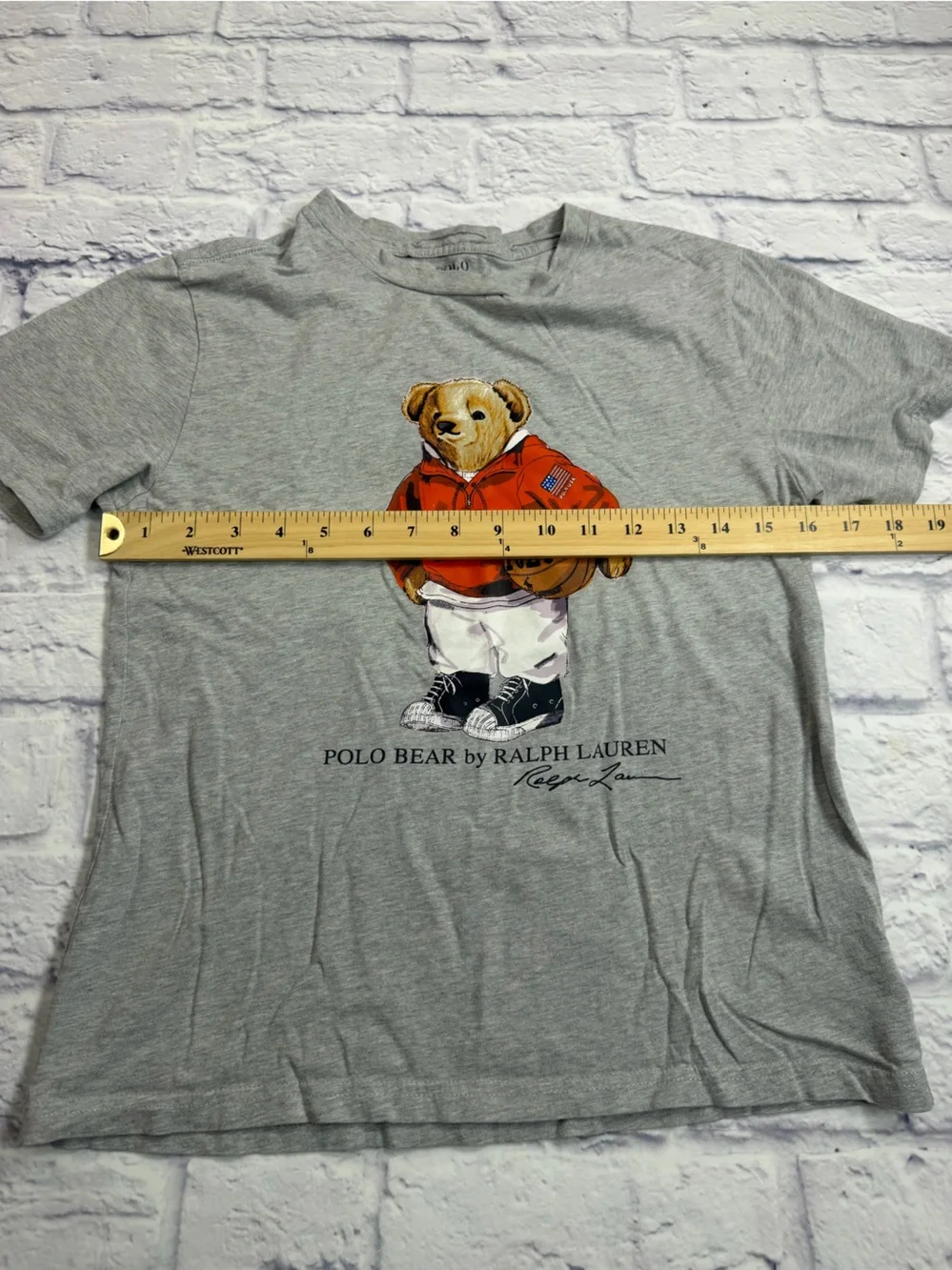 Ralph Lauren Polo Bear Graphic Tee - Gray with Red Accent. Boys Size 14/16 Large